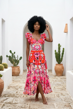 Sexy women’s swimwear, including a 2-piece shoulder ruffle swimsuit with cover-up