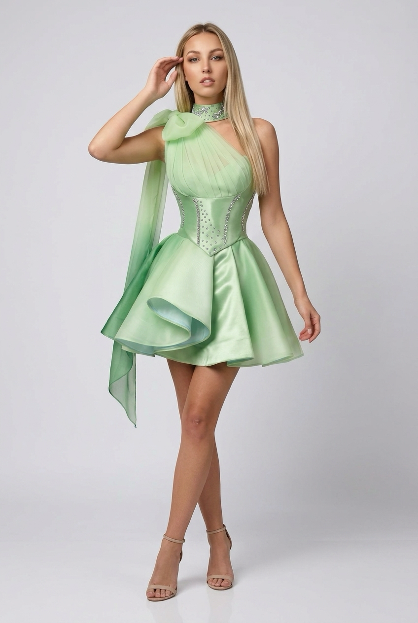 Mint green cocktail dresses with an A-line neckline, tulle fabric, beaded embellishments, and a homecoming dress style