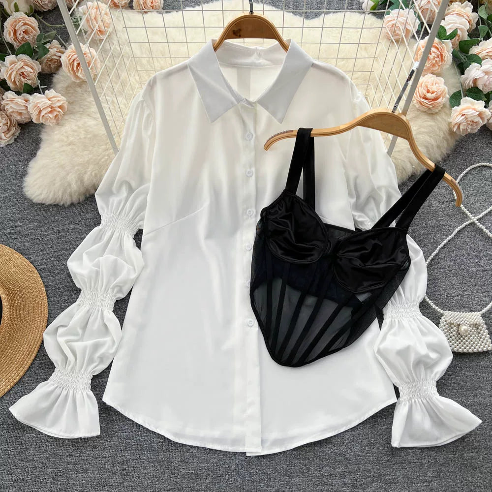 Fall Women's Elegant Sets Puff Sleeve Tube Top And Shirt Dress Set Ropa Wholesale