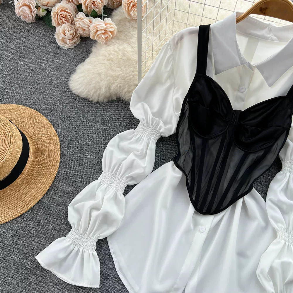 Fall Women's Elegant Sets Puff Sleeve Tube Top And Shirt Dress Set Ropa Wholesale