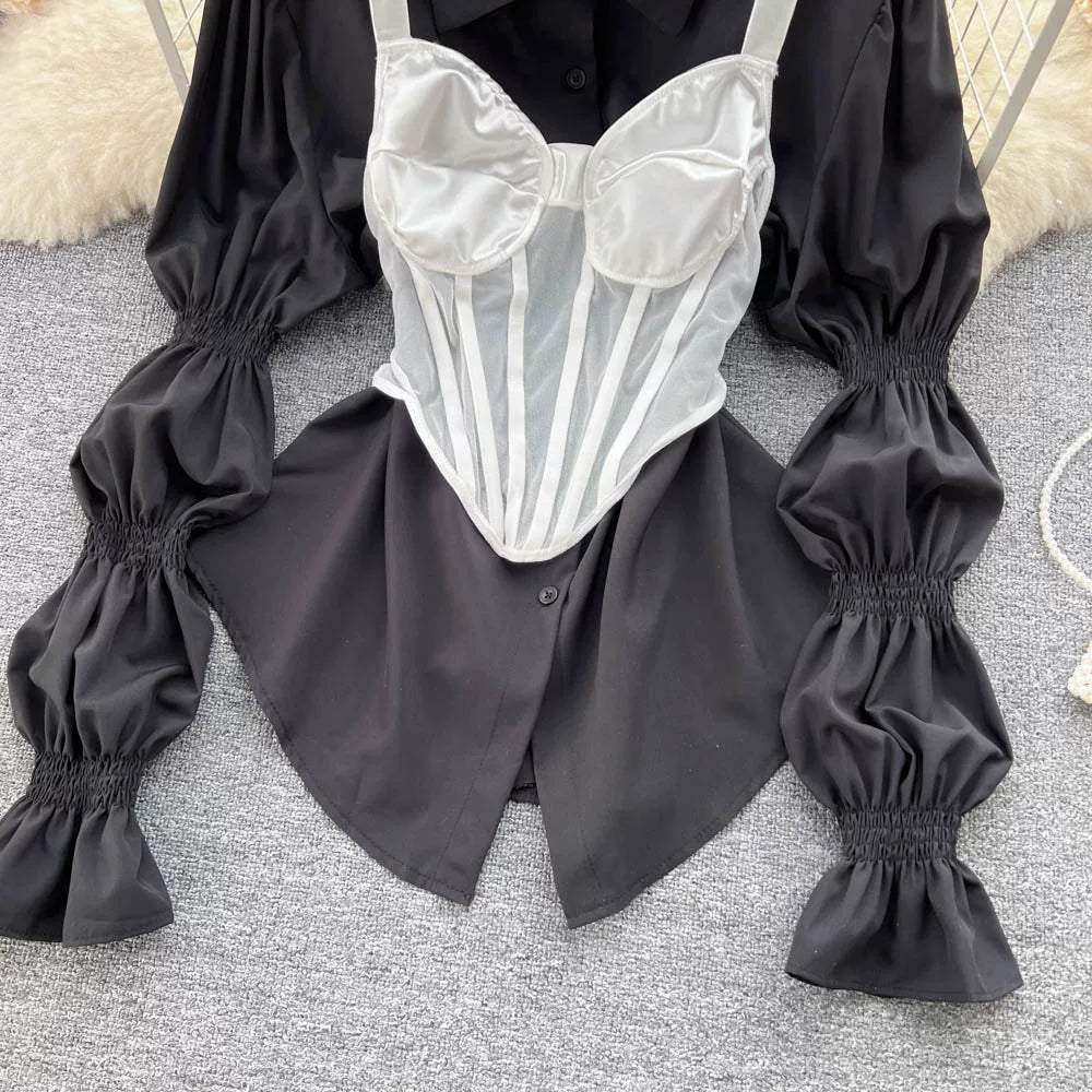 Fall Women's Elegant Sets Puff Sleeve Tube Top And Shirt Dress Set Ropa Wholesale