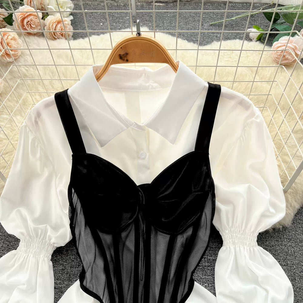 Fall Women's Elegant Sets Puff Sleeve Tube Top And Shirt Dress Set Ropa Wholesale