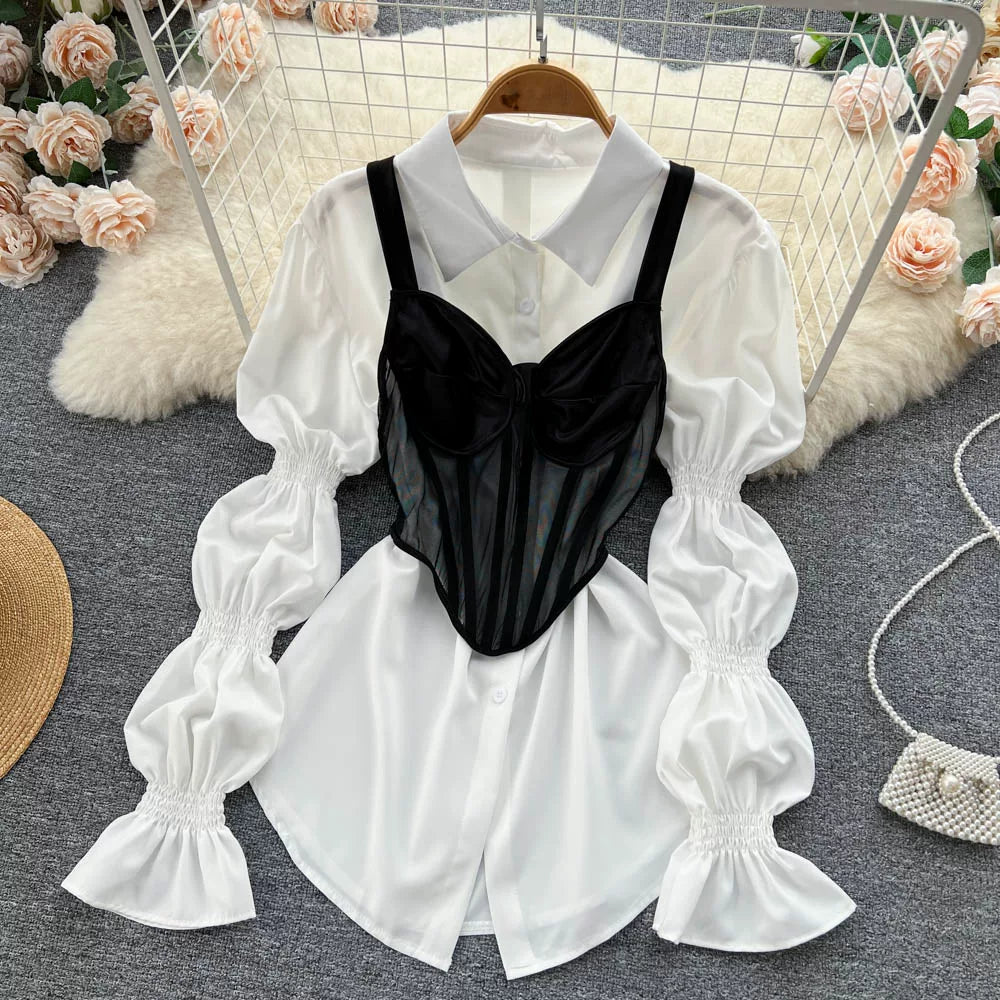 Fall Women's Elegant Sets Puff Sleeve Tube Top And Shirt Dress Set Ropa Wholesale