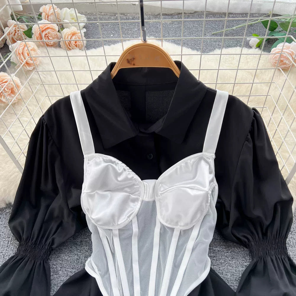 Fall Women's Elegant Sets Puff Sleeve Tube Top And Shirt Dress Set Ropa Wholesale