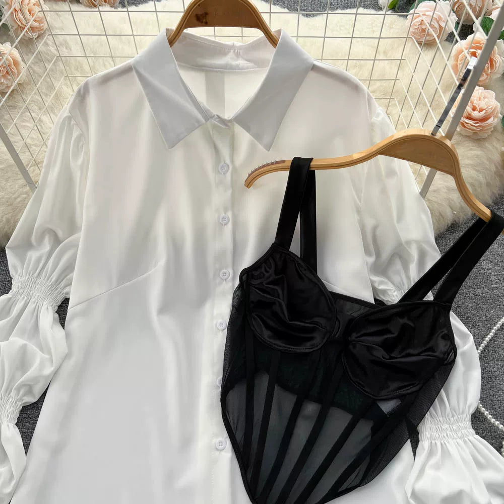 Fall Women's Elegant Sets Puff Sleeve Tube Top And Shirt Dress Set Ropa Wholesale