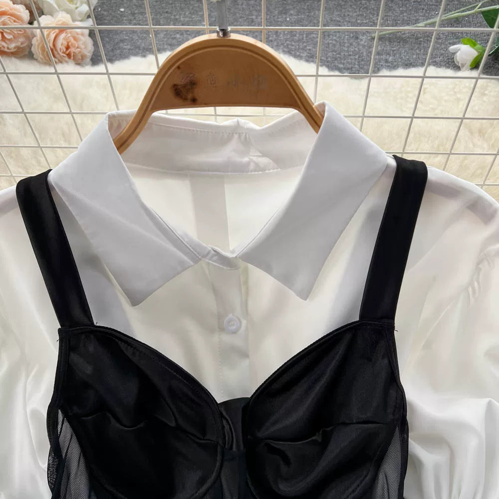 Fall Women's Elegant Sets Puff Sleeve Tube Top And Shirt Dress Set Ropa Wholesale