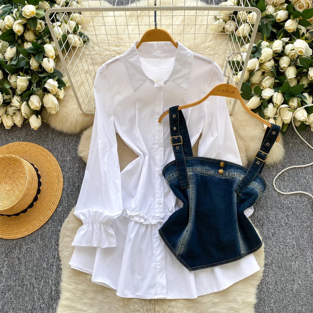 Spring Autumn Commute Sle Women's Faion Slimming Two-Piece Set High Waist Denim Belted Top Bot Ensemble Office Ready