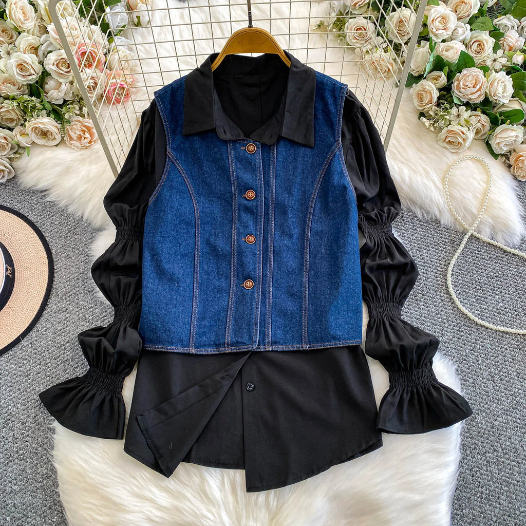 2 Piece Sets Women's Clothing 2025 Lantern Sleeve White Shirts Slim Fit Single-breasted Denim Vest Coat Suit Chic Casual Outfits