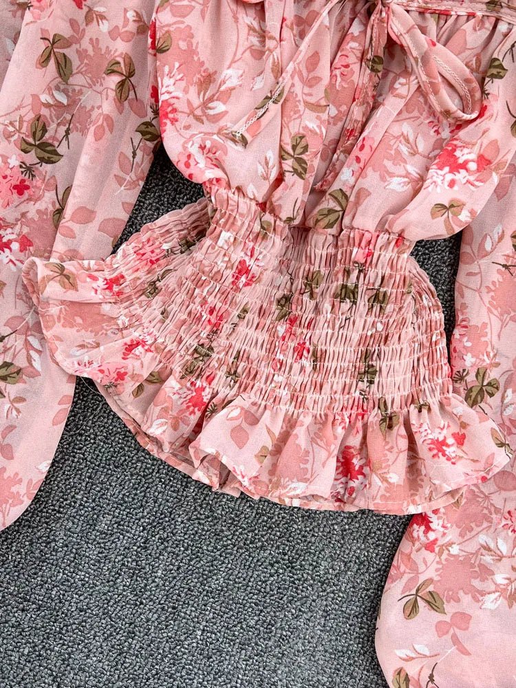 Women Spring Korean Version of The Retro Square Neck Puff Sleeve Lotus Leaf Floral Chiffon Short Blouse Tops Female D0749