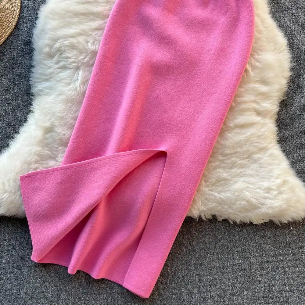New Pink Women’s Knit Two-Piece Sets: Sexy Short Top with Elastic Waist and Knit Split Long Skirt. Fashion Solid Women’s Suits.