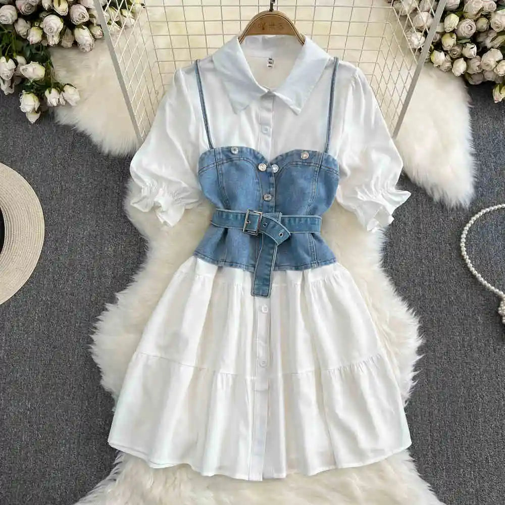 Summer Women's White Shirt Dresses Denim Vest Top Short Sleeve Turn Down Collar Single-breasted A-line Dress Two Piece Set