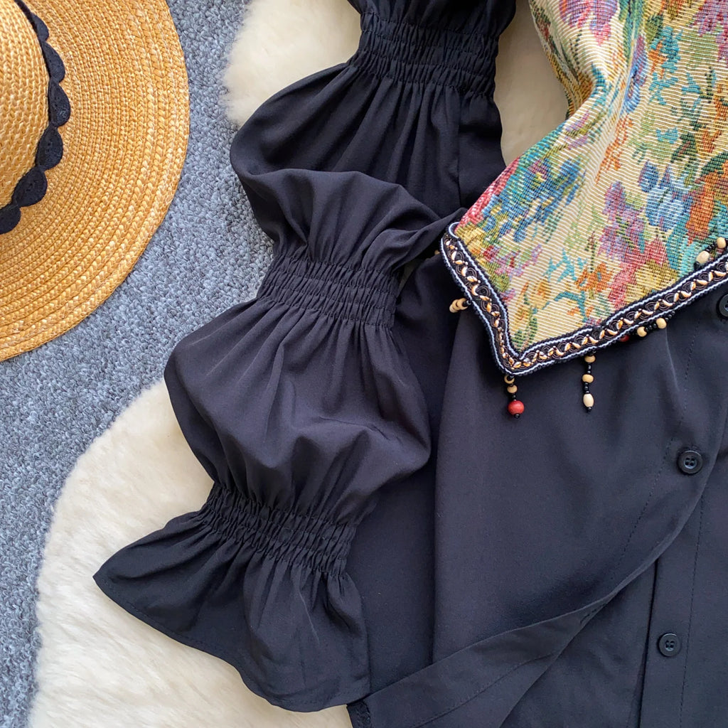 Neploe Lovely Korea Chic Court Women Clothing Minority French Style Puff Sleeve Shirts Tassel Jacquard Short Slim Casual Blusas