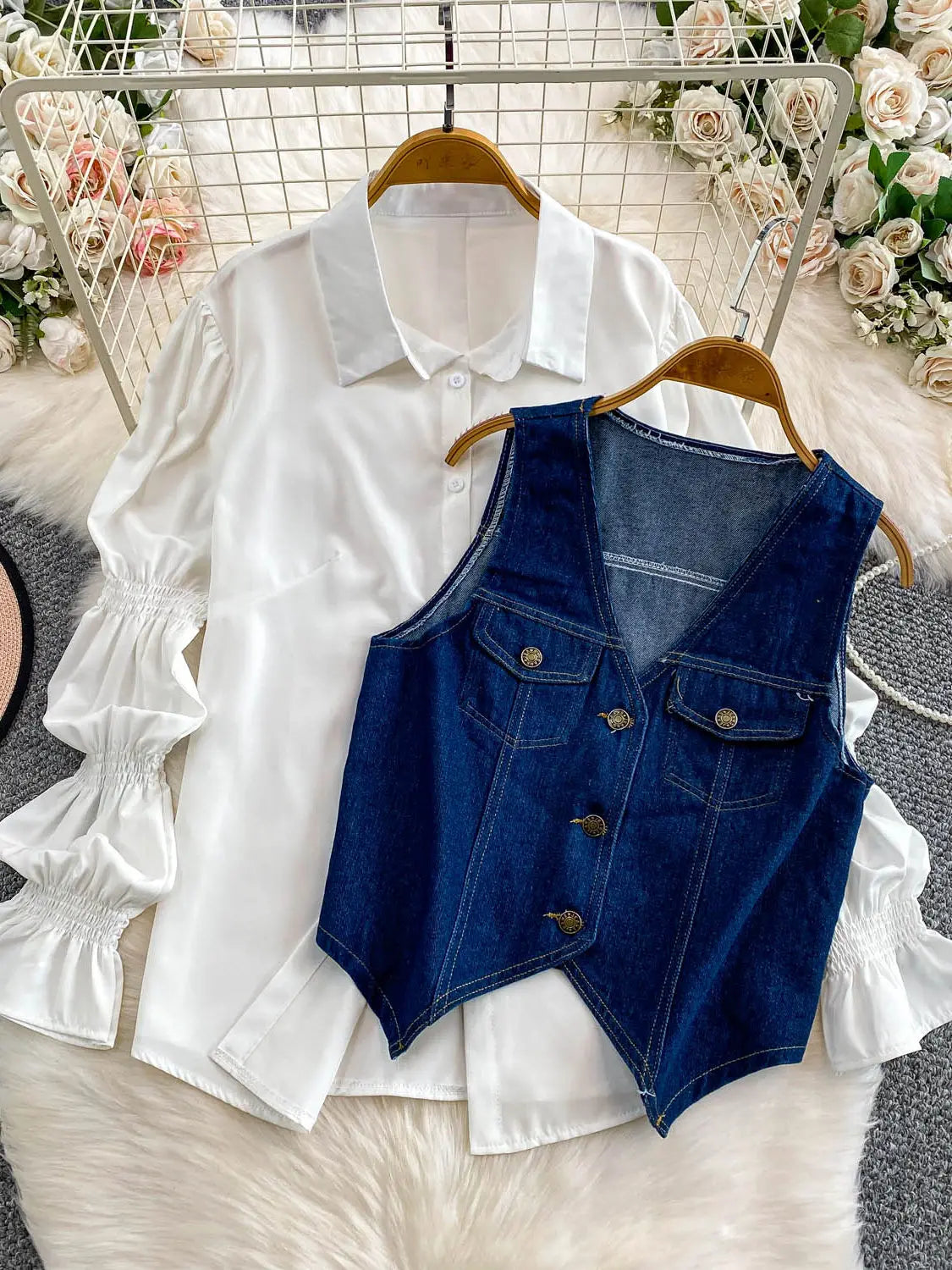 SuperAen Korean Style Office Lady Loose Lantern Sleeve Shirt Single-breasted V-neck Vest Denim Jacket Two-piece Sets