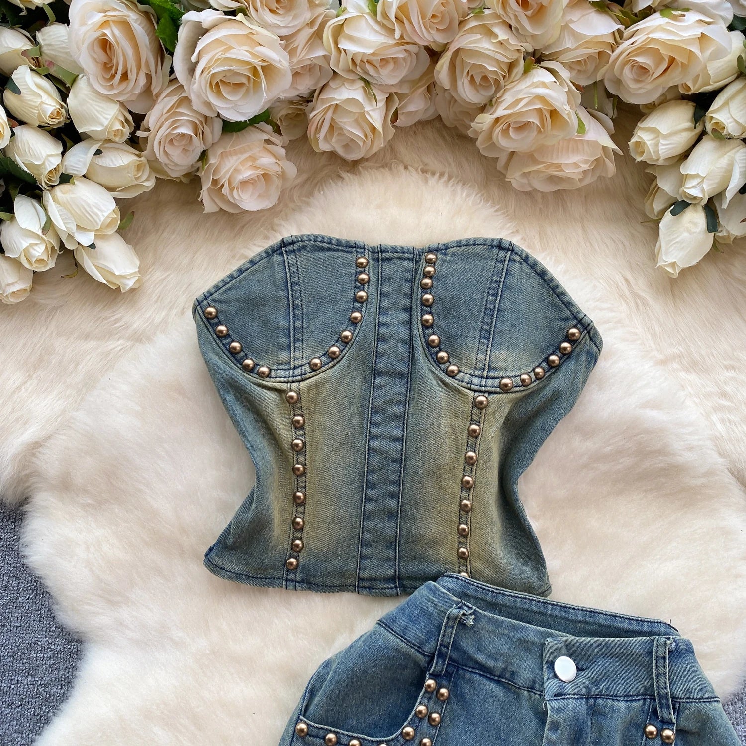Women Denim 2 Piece Sets Jeans Flare Pants Strapless Top Sleeveless Boot Cut Trousers Outfits Embroidered Flares Summer Suit