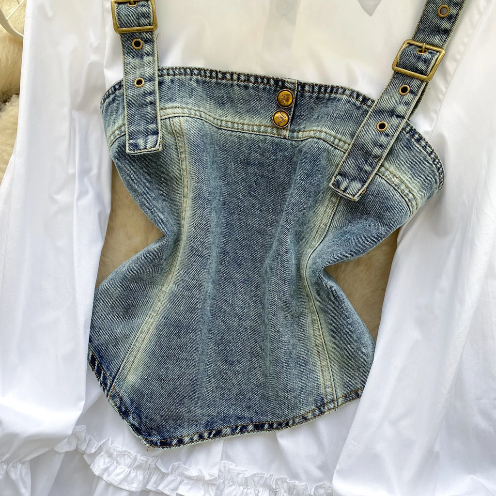 Spring Autumn Commute Sle Women's Faion Slimming Two-Piece Set High Waist Denim Belted Top Bot Ensemble Office Ready