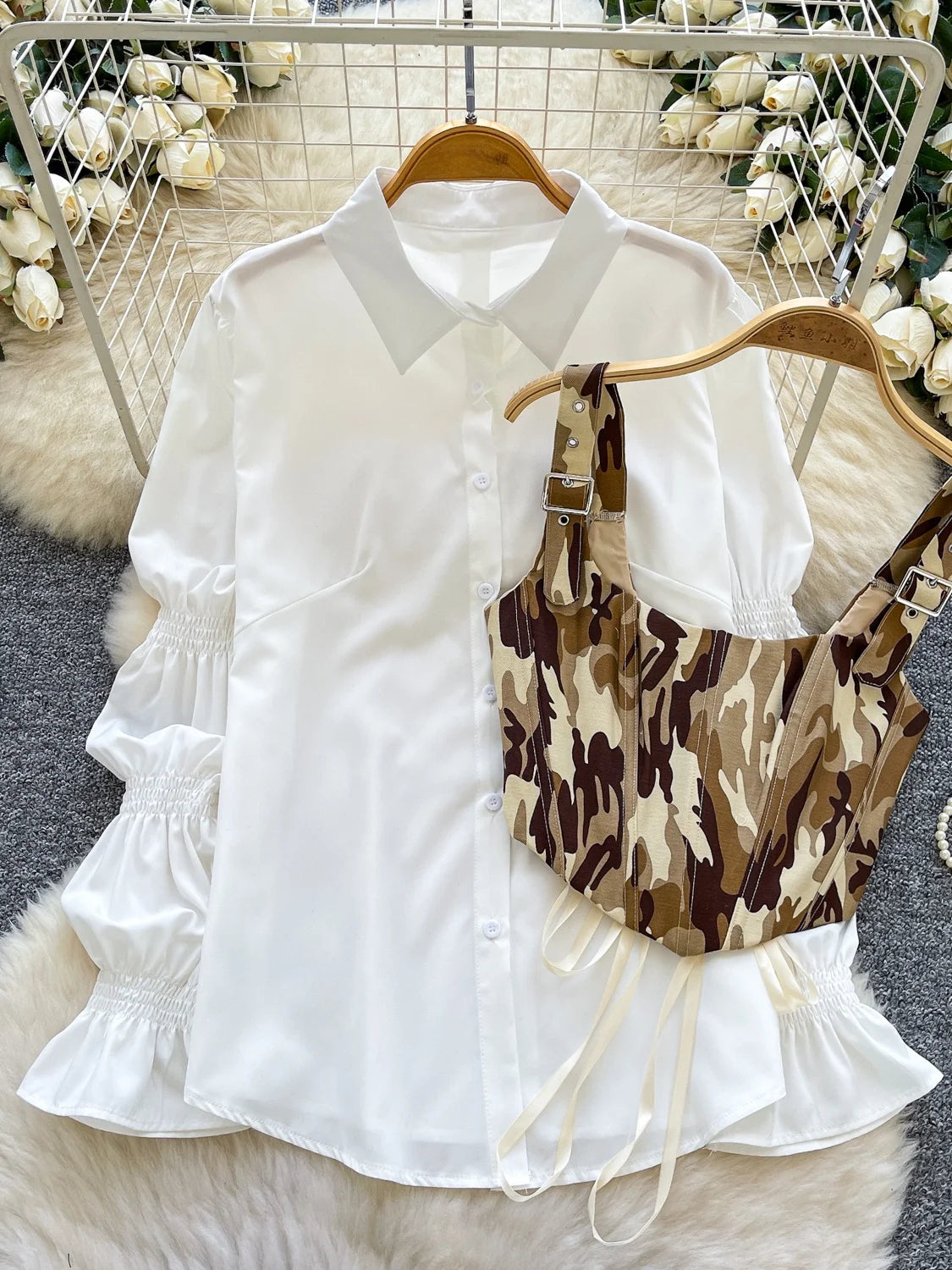 Retro Bubble Sve irt Waist Cinched Slimming Commute Set Women's Faion Spring Autumn New Sle High Waist Straight Cut