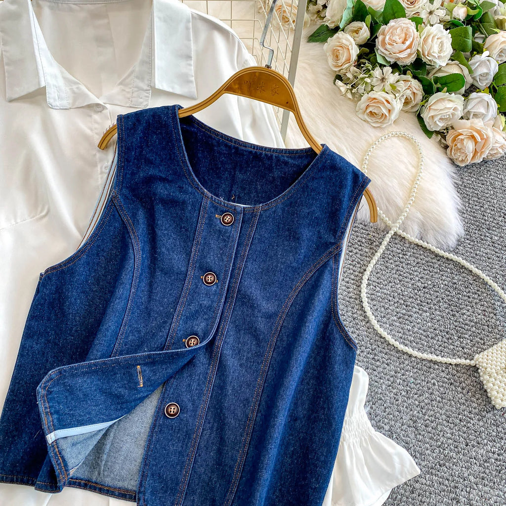 2 Piece Sets Women's Clothing 2025 Lantern Sleeve White Shirts Slim Fit Single-breasted Denim Vest Coat Suit Chic Casual Outfits