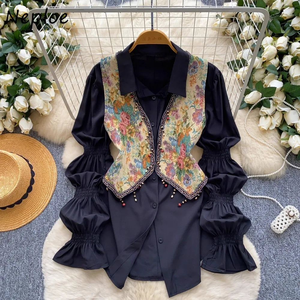 Neploe Lovely Korea Chic Court Women Clothing Minority French Style Puff Sleeve Shirts Tassel Jacquard Short Slim Casual Blusas