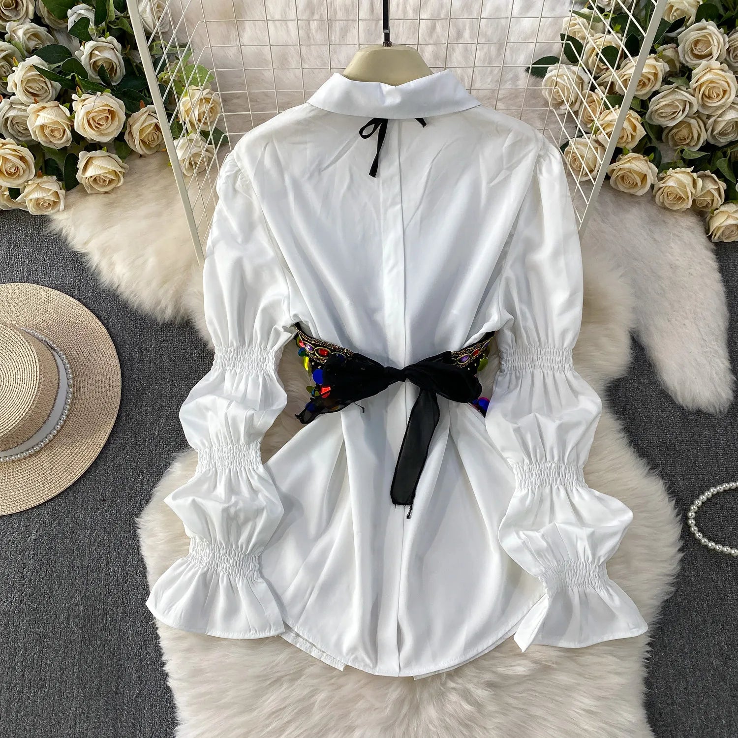 2 Piece Sets 2026 Women's Clothing Heavy Sequin Sking Vest Lantern Sleeve White Blouses Outfits Roupas Femme Chic Korean Suit