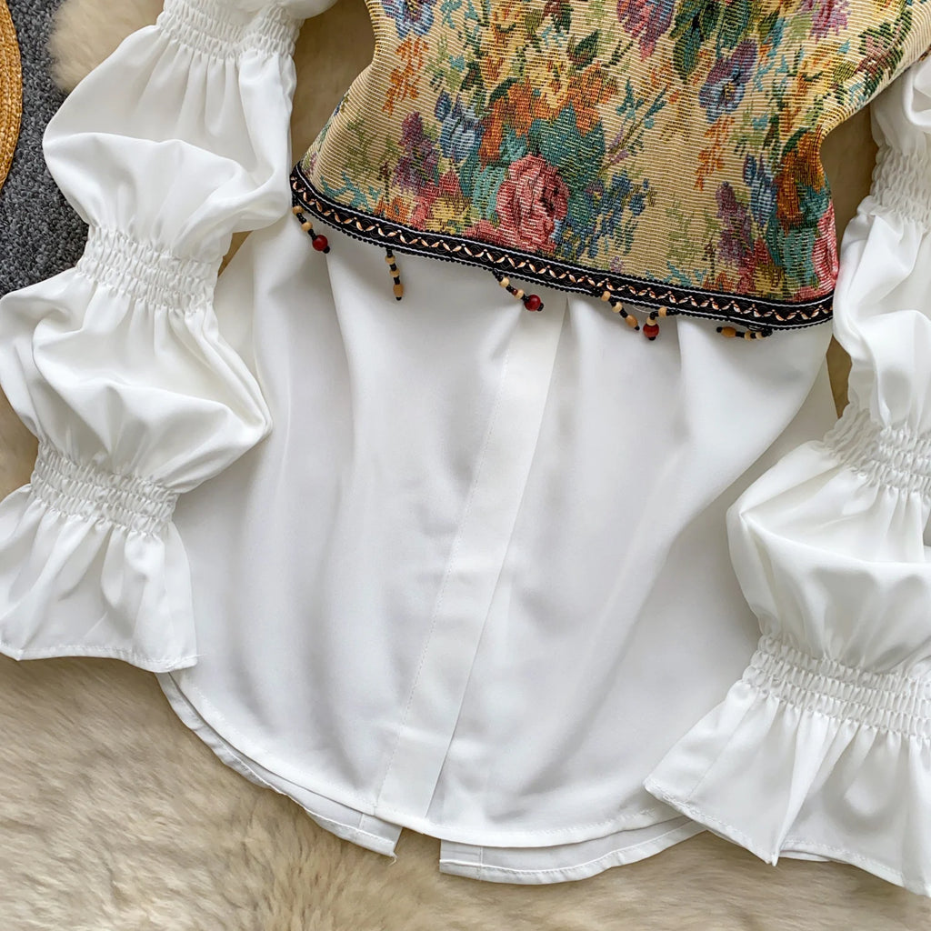 Neploe Lovely Korea Chic Court Women Clothing Minority French Style Puff Sleeve Shirts Tassel Jacquard Short Slim Casual Blusas