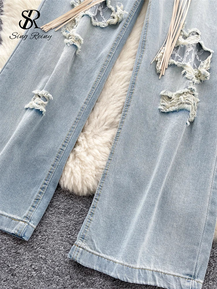 SINGREINY Fashion Korean Casual Long Pants Female High Waist Hole Lace Splice Denim Trousers Streetwear Loose Wide Legs Jeans