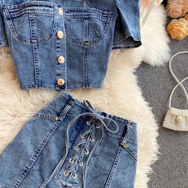 American vintage denim two - piece sets for women feature polo collars, hollow - out tops, and high waistband bandage hot shorts. - MODE SEPHRA