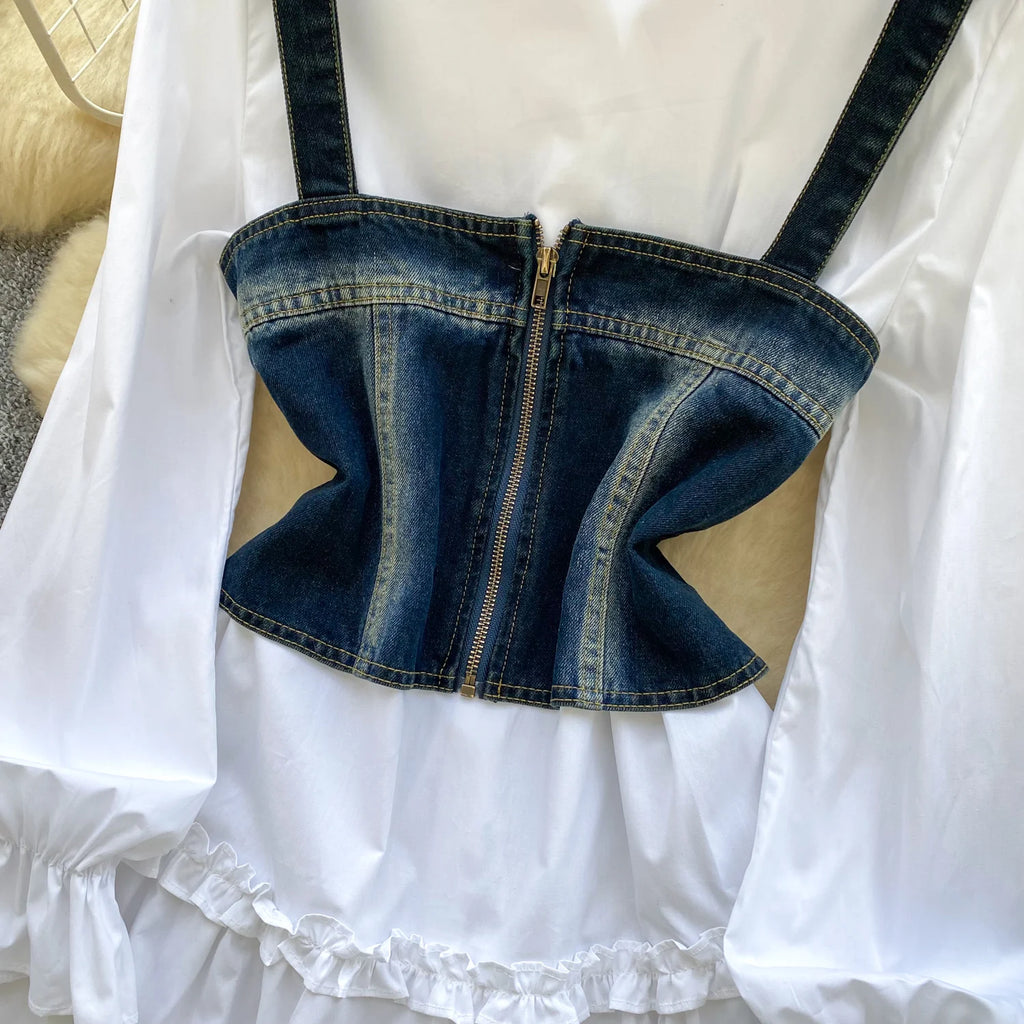 Spring Autumn Commute Sle Women's Faion Slimming Two-Piece Set High Waist Denim Belted Top Bot Ensemble Office Ready