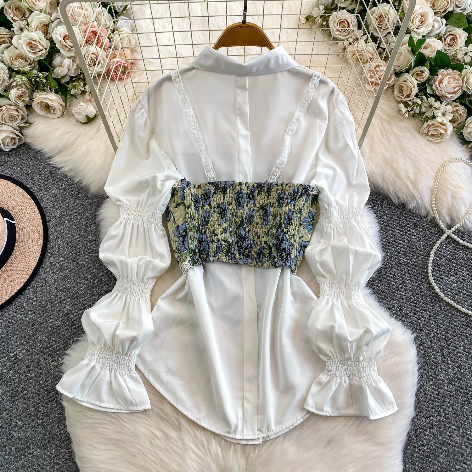 Retro Lace Patchwork Bell Sve irt Set Sweet Sle Slimming Waist Design Strap Top Versatile Long Sve Printed Casual Wear