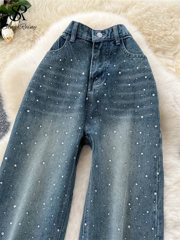 SINGREINY American Retro Diamonds Jeans Female High Waist Pockets Zipper Wide Legs Trousers Streetwear Loose Denim Long Pants