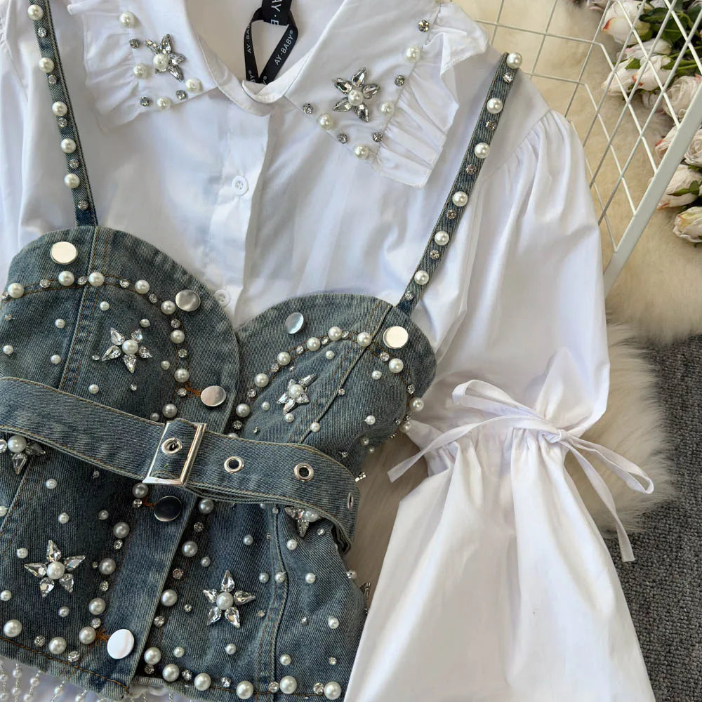 Women Winter Luxury Trendy 2pc Outfit Lady Gothic Punk Vintage Lolita Princess Sets Blouse Dress Denim Vest Motor Bike Lady Suit
