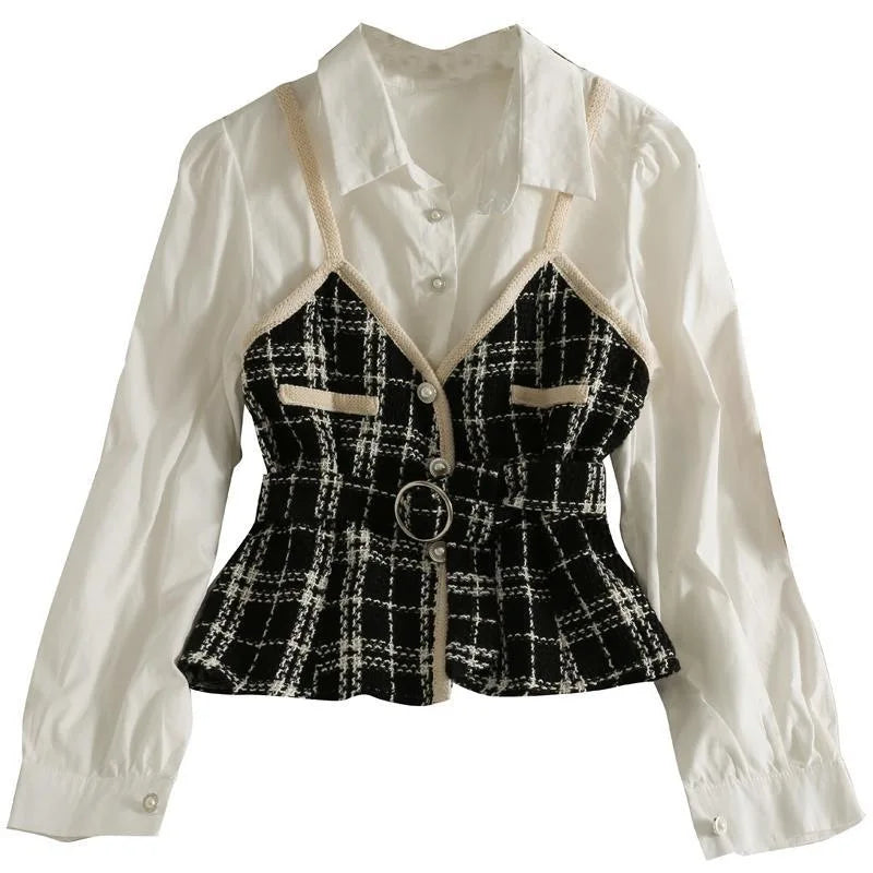 Retro Korean Style Patchwork Wide Stripe Woolen Fabric Fake Two-Piece Long Sleeve Shirt High Waist Belted Slim Fit Polo Collar