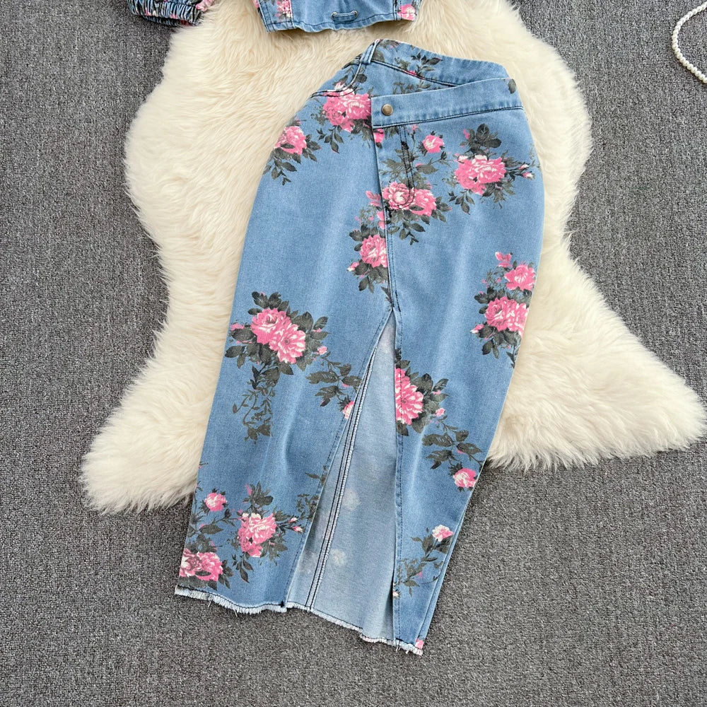 Women 2 Piece Set Denim Fashion Female Hot Girl Chic Sexy Sling Top High Waist Irregular Split Skirt Summer Lady Suit
