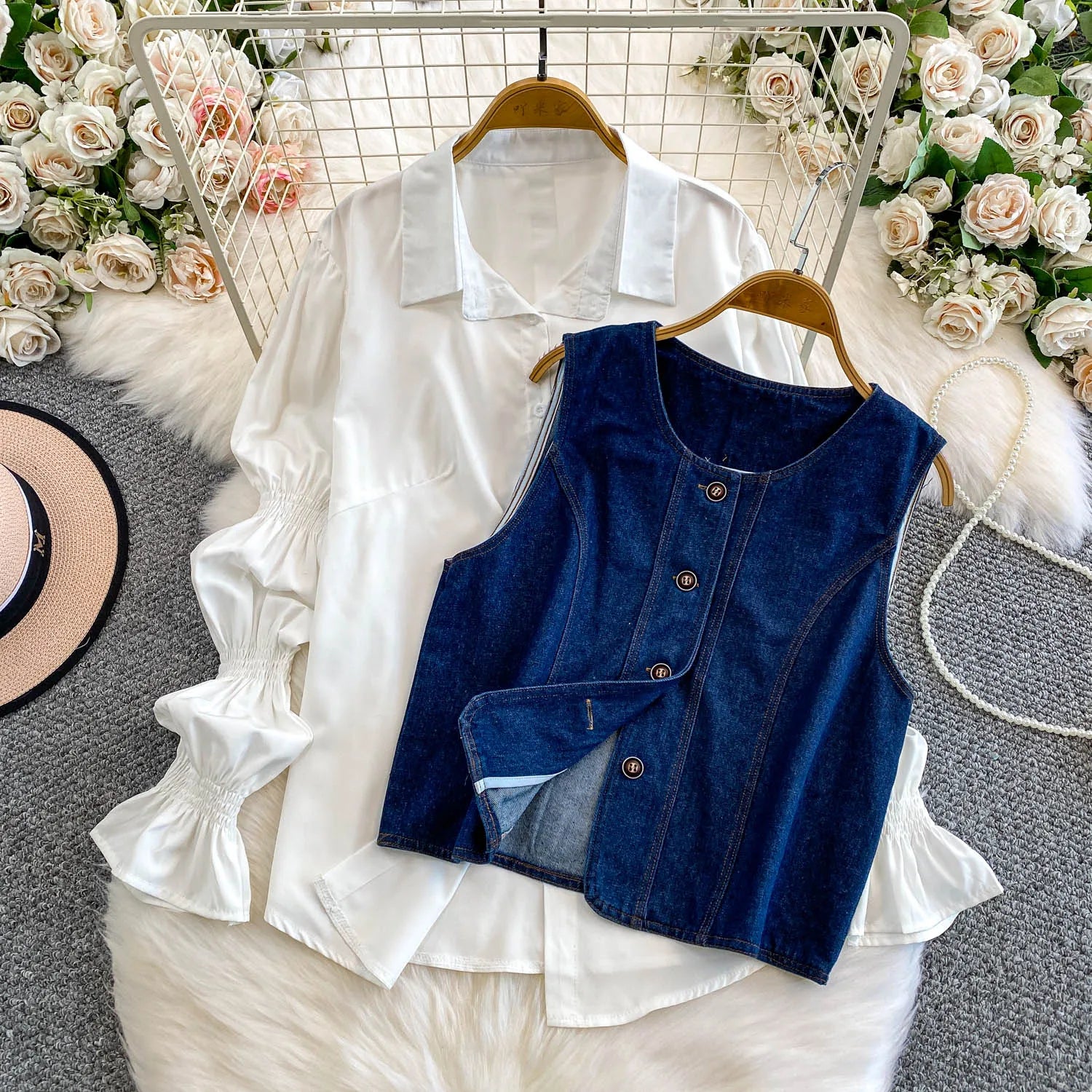 2 Piece Sets Women's Clothing 2025 Lantern Sleeve White Shirts Slim Fit Single-breasted Denim Vest Coat Suit Chic Casual Outfits
