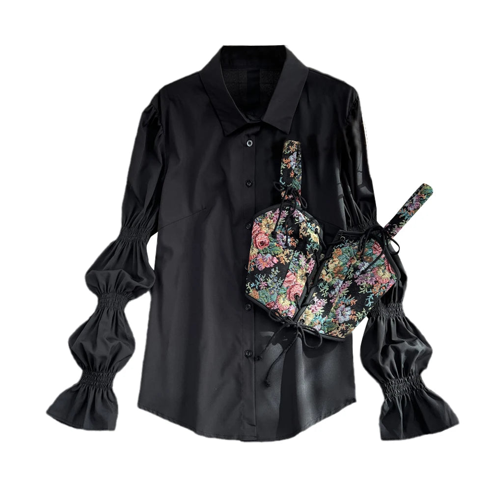 Loose Bubble Sve White irt Tank Top Set Korean Sle Commute Pure Color Long Sve  Collar Button Detail Regular Le...