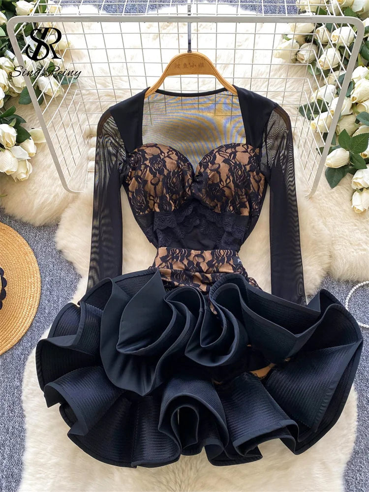 SINGREINY Sexy Floral Lace Suit Mesh Sheer Slim Bodysuit+Ruffles Mini Mermaid Skirt Ladies Retro Luxury Ball Party 2 Pieces Sets