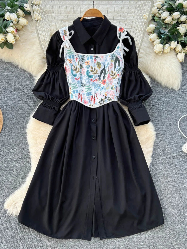 Women's Lantern Sve irt And Belted Vest Two-Piece Set Slimming Faion Autumn Wear Casual Commute Sle High Waist