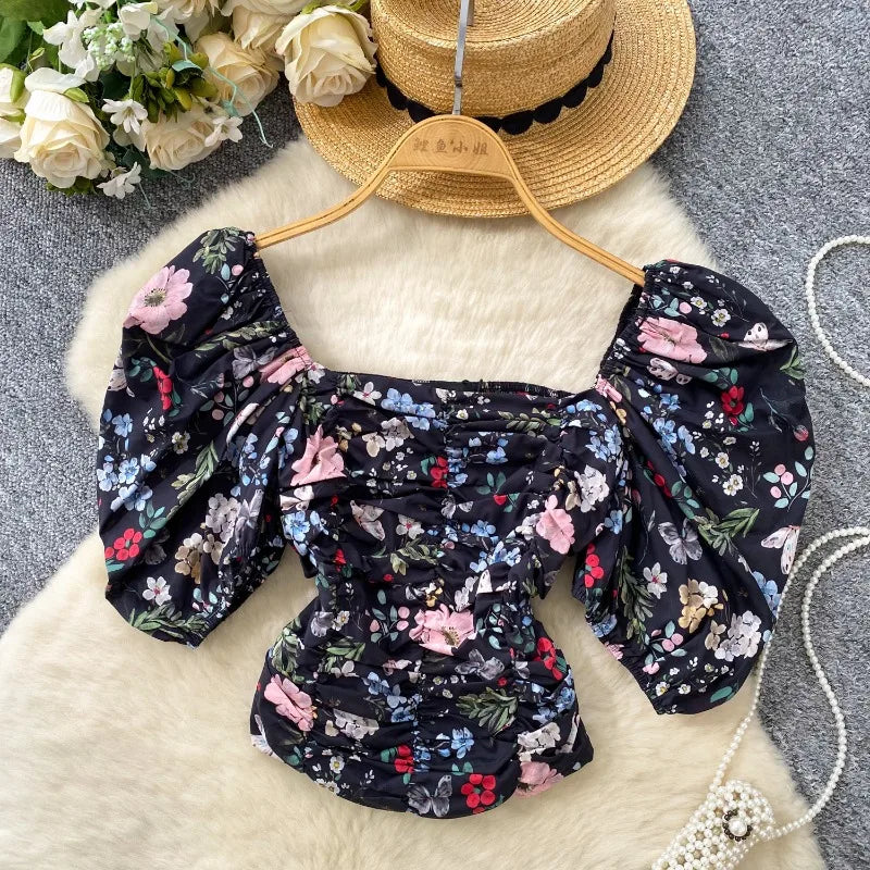 Blouses Fashion French Style Square Neck Bubble Sleeve Shirt Women Summer 2025 Pleated Waist Slim Fit Floral Top