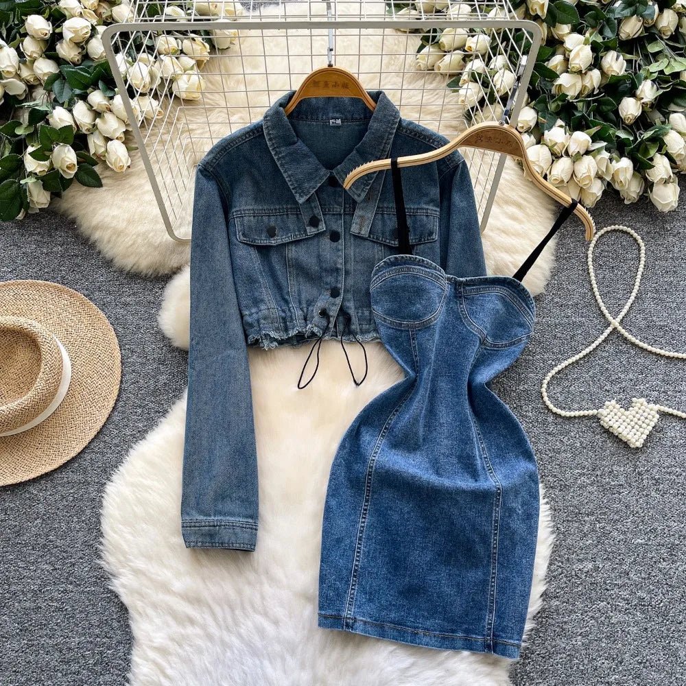 Chic denim two-piece set, including a slim-fit short cardigan and a simple casual office lady vintage suit dress.