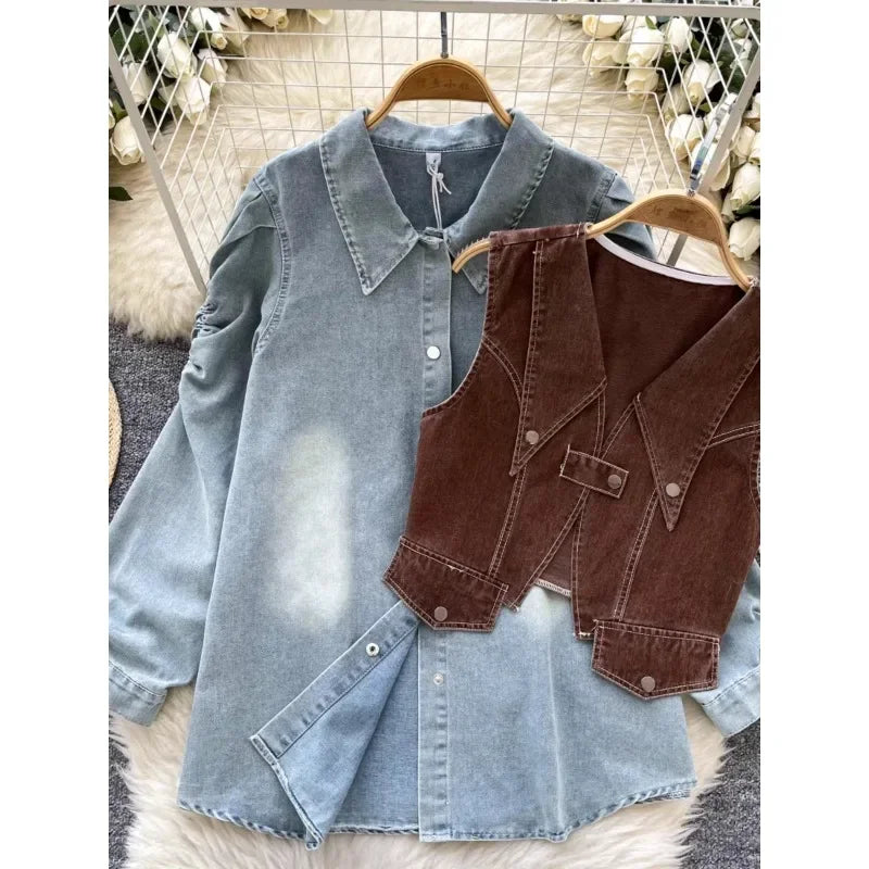 Denim Two Piece Sets Women's Clothing Gentle Suit Layered Outfit Buckle Vest Korean Fashionable Bubble Sleeve Shirts Wholesale
