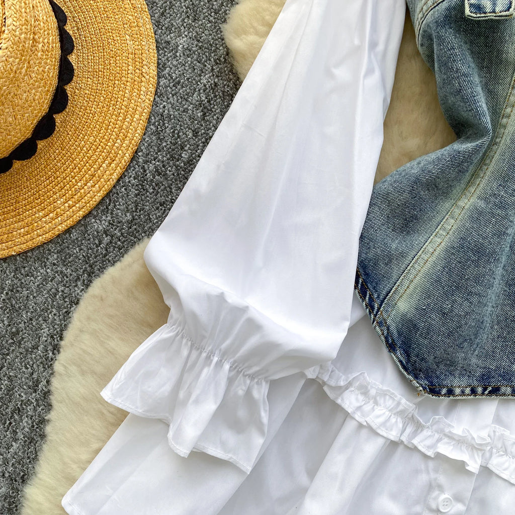 Spring Autumn Commute Sle Women's Faion Slimming Two-Piece Set High Waist Denim Belted Top Bot Ensemble Office Ready