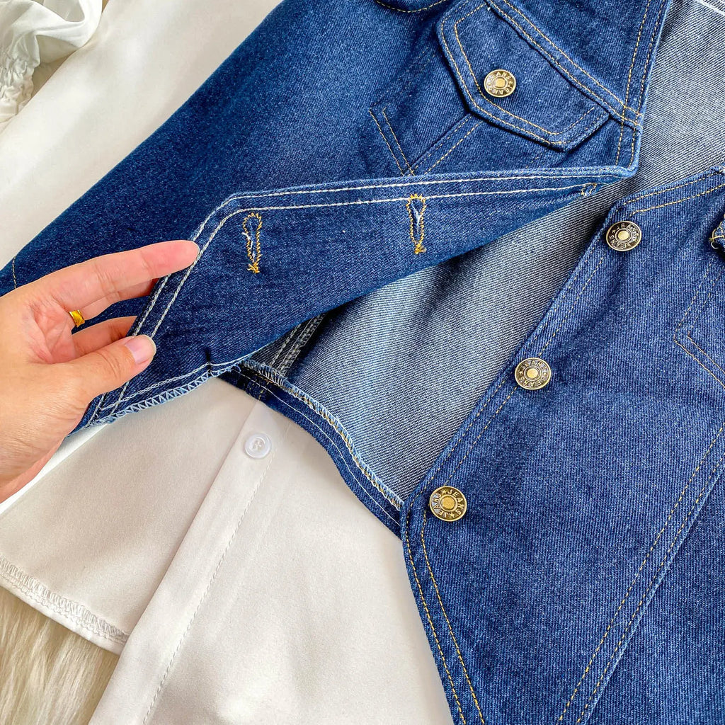 SuperAen Korean Style Office Lady Loose Lantern Sleeve Shirt Single-breasted V-neck Vest Denim Jacket Two-piece Sets