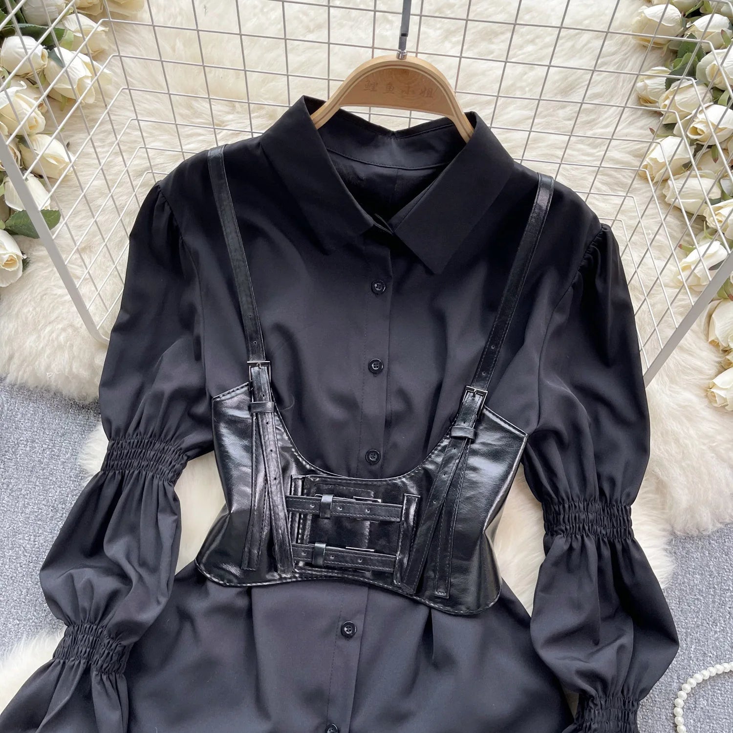 EINY Elegant T-Shirts for Women Turn-Down Collar Lapel Long Lantern Sleeve Skinny Top PU Leather Straps Waistband Stacked 2PCS