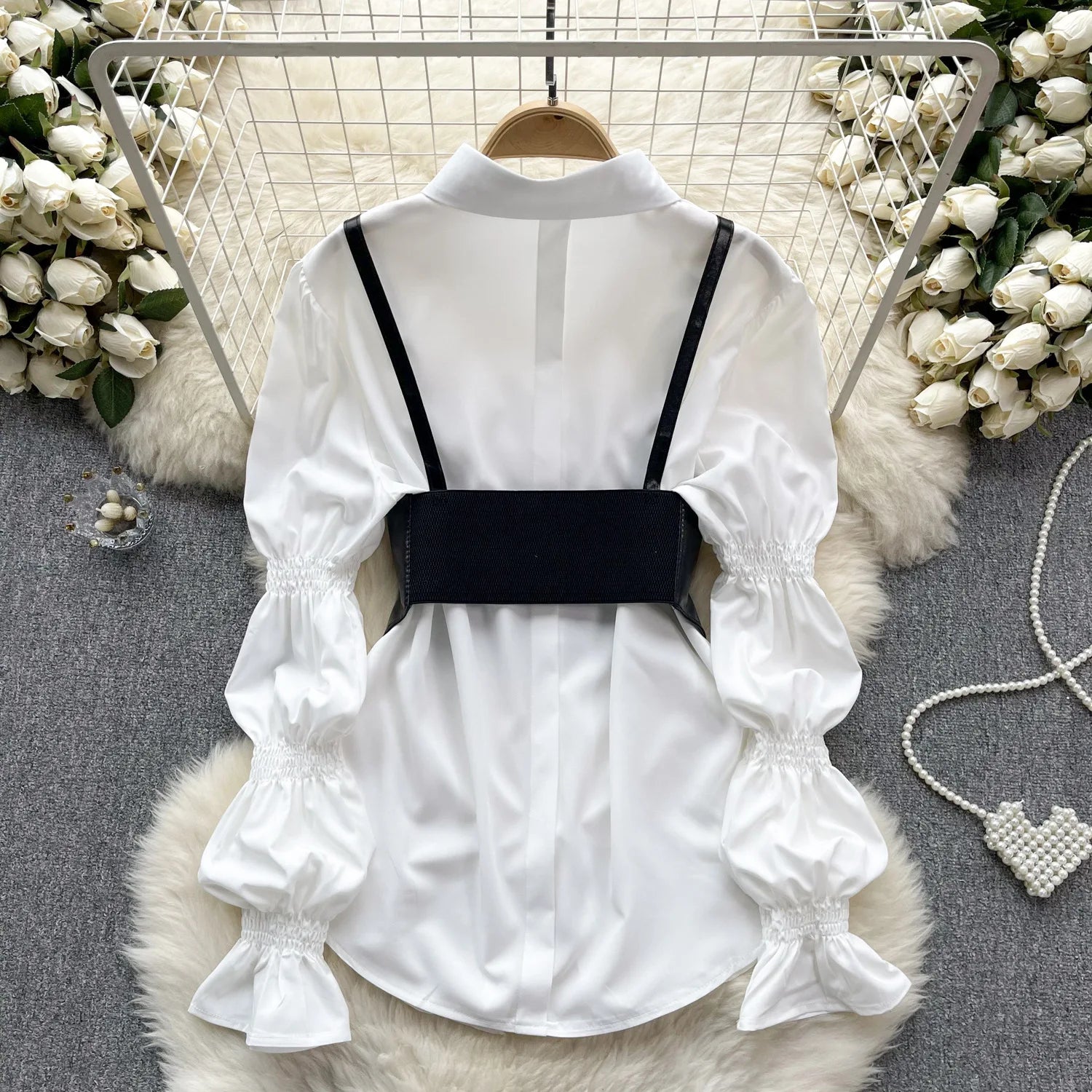 EINY Elegant T-Shirts for Women Turn-Down Collar Lapel Long Lantern Sleeve Skinny Top PU Leather Straps Waistband Stacked 2PCS