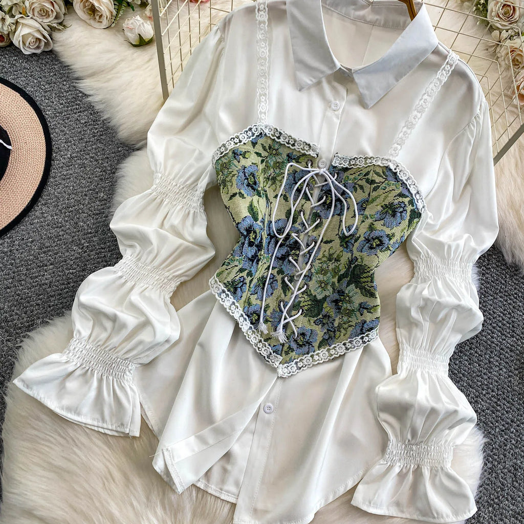 Retro Lace Patchwork Bell Sve irt Set Sweet Sle Slimming Waist Design Strap Top Versatile Long Sve Printed Casual Wear