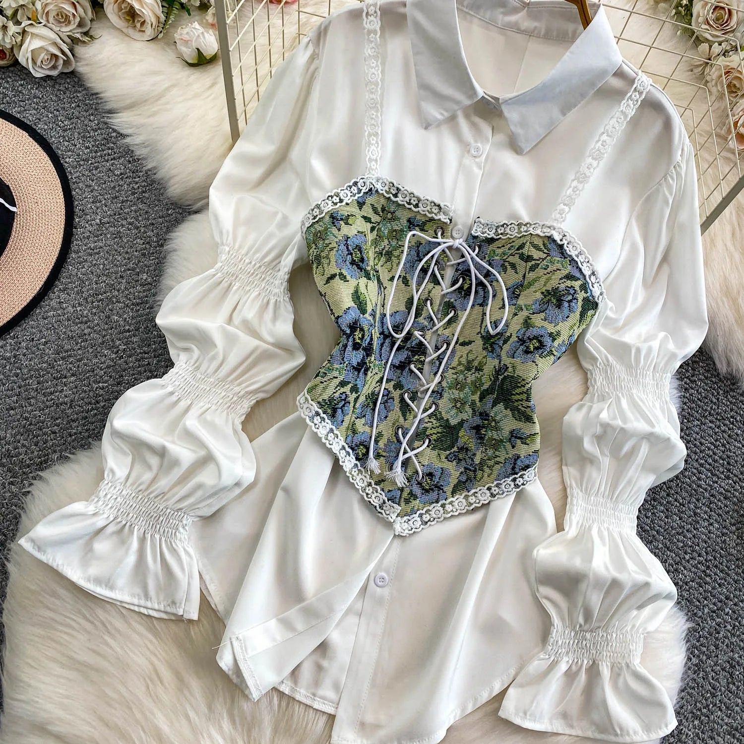 Retro Lace Patchwork Bell Sve irt Set Sweet Sle Slimming Waist Design Strap Top Versatile Long Sve Printed Casual Wear