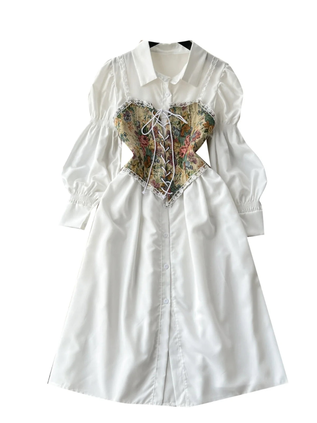 Early Autumn Light Court Sle Bubble Sve Single Button irt Dr Strap Print  Vest Two Piece Set Women's Faion