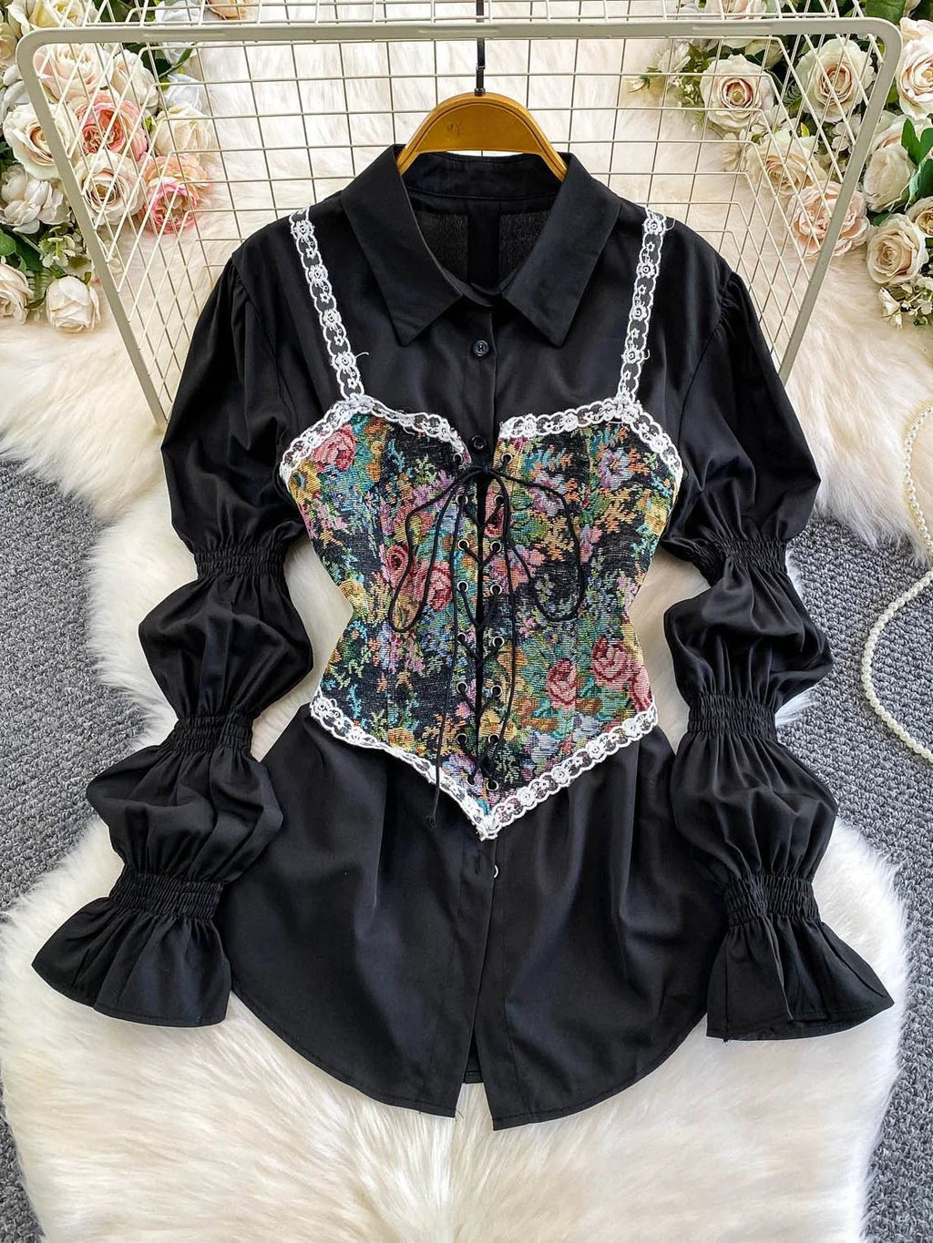 Retro Floral Embroidery Slim Fit Bell Sve Lace Trim irt White Splicing Design Versatile Women's Premium Quali Blouse