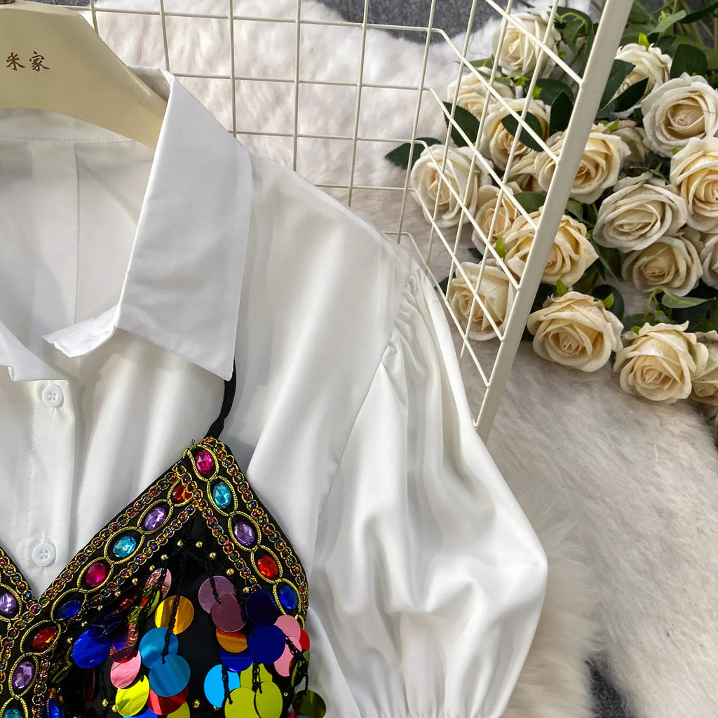 2 Piece Sets 2026 Women's Clothing Heavy Sequin Sking Vest Lantern Sleeve White Blouses Outfits Roupas Femme Chic Korean Suit
