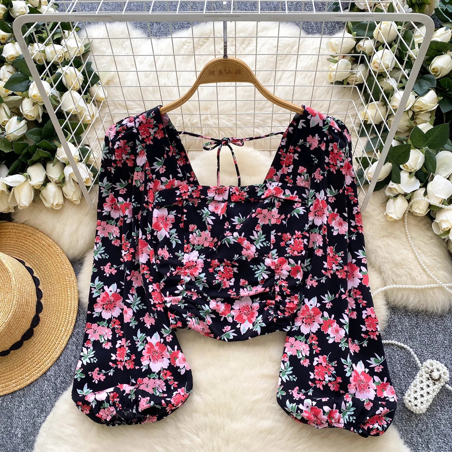 Ele Floral Print Bubble Sve Square Collar ort irt Women's Summer Tie Waist Retro Spicy Girl Beautiful Top Trendy