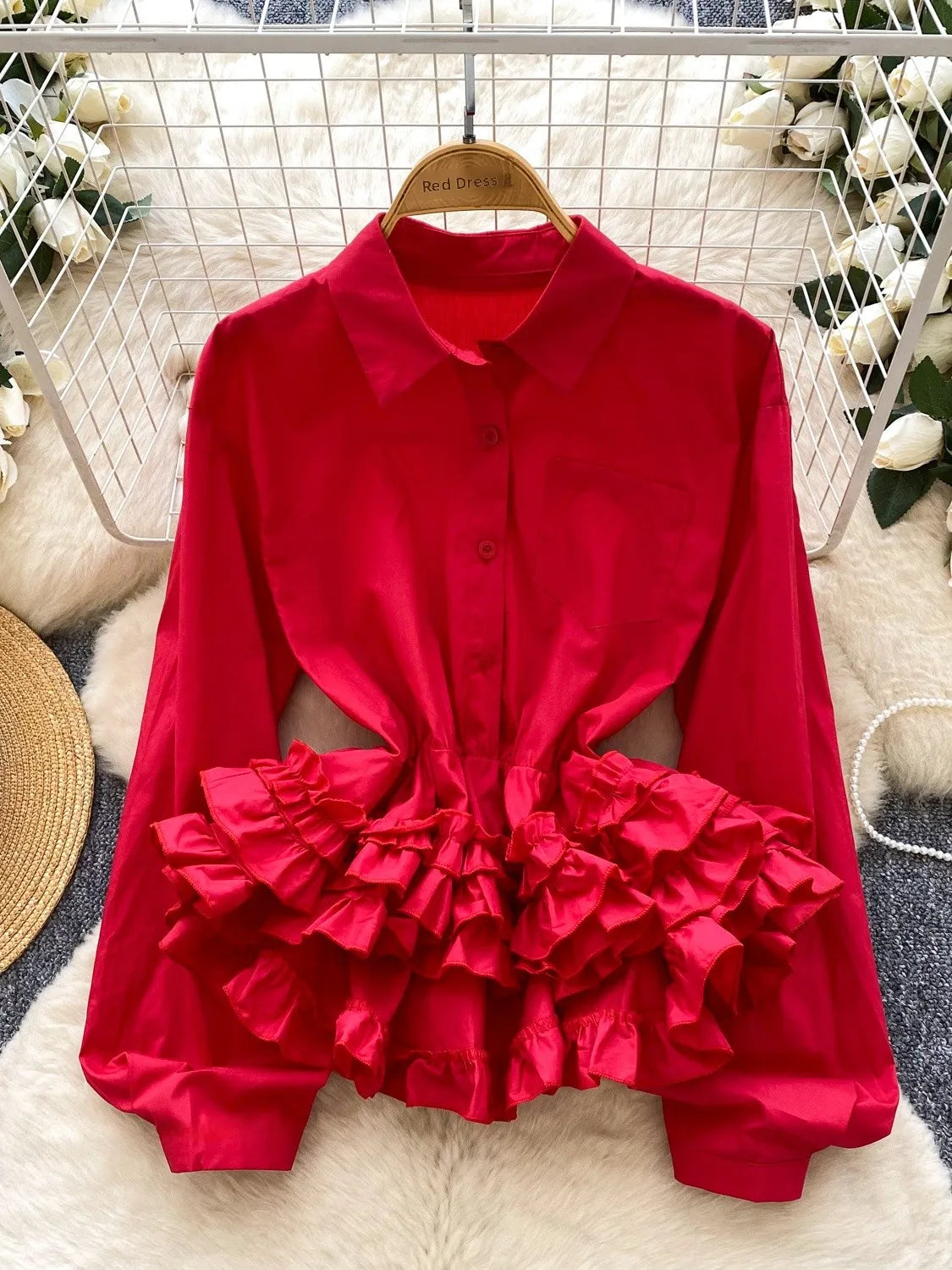 Ele Long Sve irt Women's Faionable Gathered Waist Lace Trim Top Luxury Sensation Spring Autumn Seasonal Lightweight